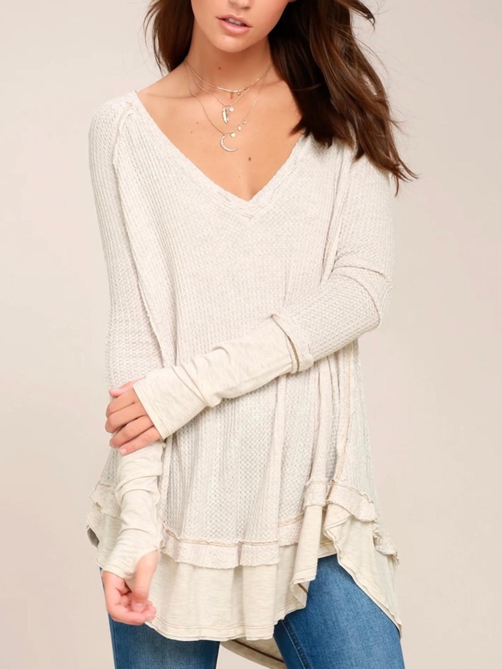 Free People Laguna Waffle Knit Layered Cream Boho Tunic Thermal Grunge sz L
